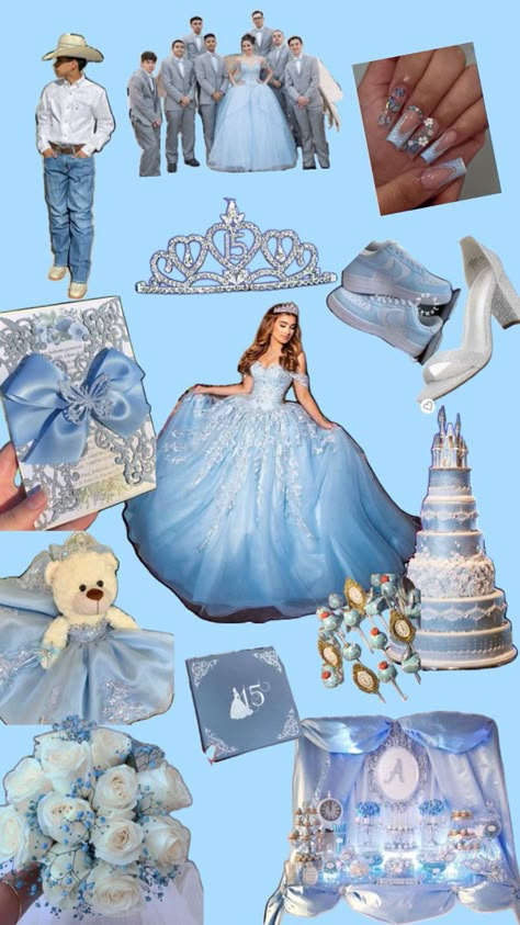 Light Blue Sweet 16 Theme, Quinceanera Themes Cinderella, Cinderella Quinceanera Themes Sweet 15 Birthday Party Ideas, Quince Blue Theme, Sky Blue Quinceanera Theme, Blue Xv Dresses, Cinderella Themed Sweet 16, Periwinkle Quince, Quinceanera Blue Theme