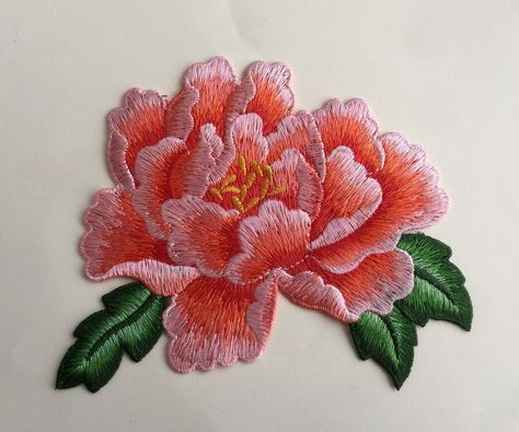 Large Pink Orange Colour Peony Flower Sew On Embroidered Patch Appliqués Badge | eBay Peony Embroidery, Design Pattern Art, Orange Colour, Sew On Patch, Favourite Colour, Embroidery Ideas, Peony Flower, Sew On Patches, Hand Embroidery Designs