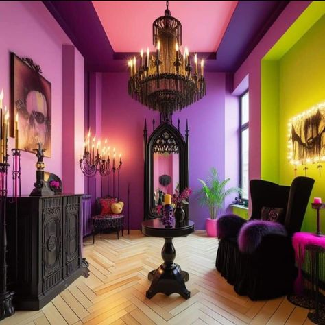 Pastel Goth Interior Design, Pastel Goth Home, Eccentric Interior Design, Eccentric Interior, Goth Living Room, Goth Interior, Rainbow Goth, Punk House, Pastel Goth Decor