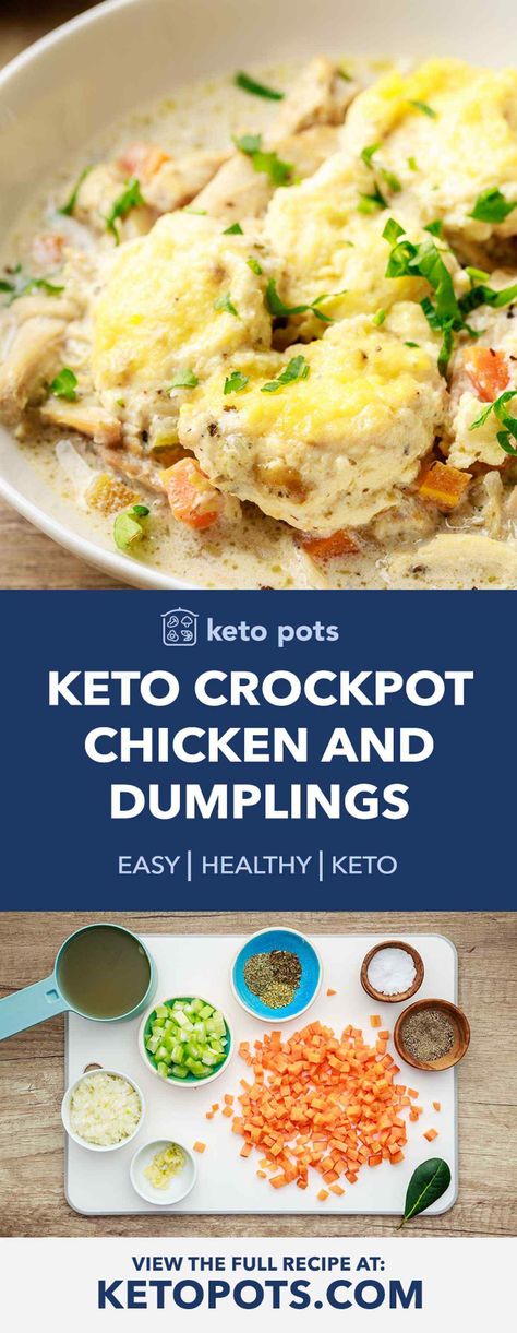 Comforting Crockpot Keto Chicken and Dumplings (Easy Recipe) - Keto Pots Keto Chicken Dumplings Crockpot, Low Carb Chicken And Dumplings Crockpot, Keto Chicken And Noodles, Keto Crockpot Chicken And Dumplings, Keto Chicken Dumpling Soup, Keto Chicken And Dumplings, Keto Crockpot Chicken, Dumplings Easy, Keto Soups