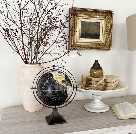 Have you thought about using a globe in your home decor design? After stumbling onto this unique and interesting globe, I realized there is definitely a place for the wide variety of beautiful globes available. Check them out on the blog! World Globe Decor, Old Globe, Kitchen Gallery Wall, Bohemian Interiors, Neutral Home Decor, World Globes, A Globe, Globe Decor, Kitchen Gallery