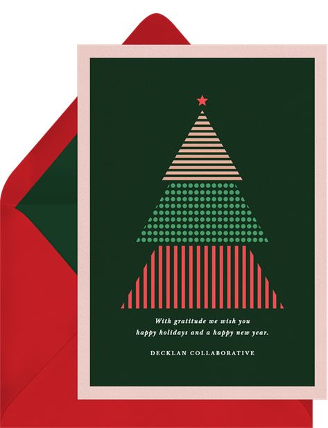 Geometric Patterned Tree Cards in Green | Greenvelope.com Christmas Tree Graphic Design, Christmas Card Design Ideas, Cool Christmas Cards, Christmas Card Tree, Christmas Illustration Design, Holiday Card Ideas, Christmas Email, New Year Card Design, Creative Christmas Cards