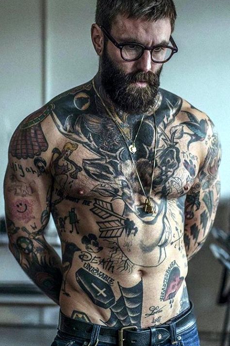 Man With Tattoos, Ricki Hall, Sanskrit Tattoo, Villain Character, Cool Hairstyles For Men, Beard Tattoo, Inked Men, Wearing Glasses, Tattoo Trends