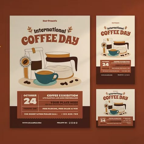 International Coffee Day Flyer Template Set AI, EPS, PSD Cafe Event Ideas, Coffee Advertising Posters, Coffee Newsletter, Cafe Flyer Design, Coffee Flyer Design, Cafe Invitation, Chai Tapri, Poster Design Coffee, Cafe Flyer