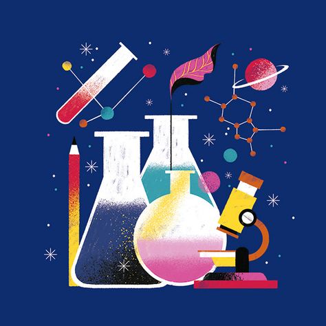 ONCE UPON AN ATOM on Behance Invention Illustration, Physics Illustration, Chemistry Illustration, Chemistry Art, Cover Design Inspiration, Illustration Editorial, Direction Illustration, Robot Illustration, Science Illustration