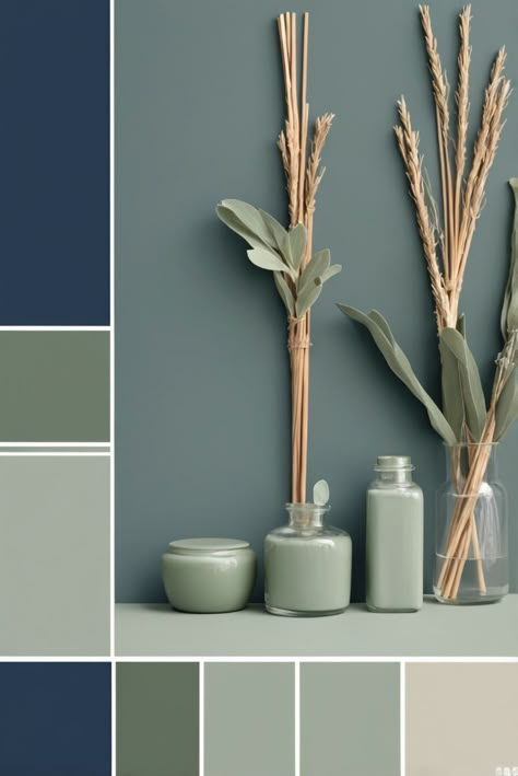 Turquoise Green Paint Colors, Light Blue And Green Office, Sage Green And Navy Blue Bedroom Ideas, Blue And Green Palette Colour Schemes, Colours With Sage Green, Productive Color Palette, Sage Green And Blue Home Decor, Earthy Color Palette With Blue, What Goes With Sage Green