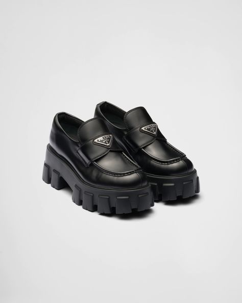 Black Brushed leather Monolith loafers | Prada Prada Loafers Women, Loafers With Jeans, Prada Monolith, Prada Clothing, Prada Loafers, Loafers Women, Dr Shoes, Chunky Loafers, Loafer Shoes Women