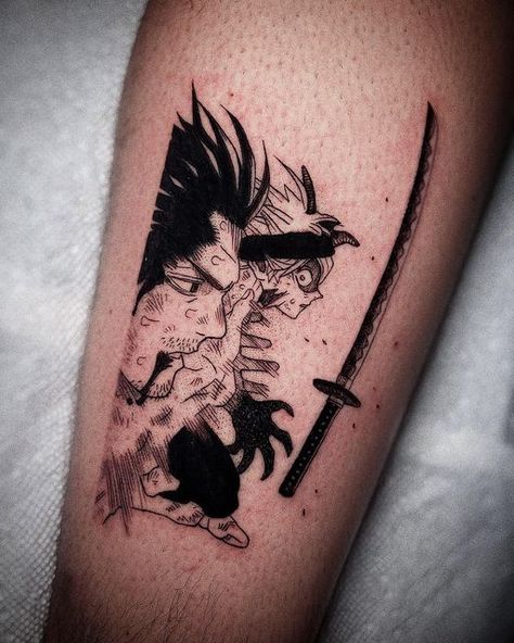 Anime tattoos by James Tran on Instagram: "Feels good to be back and working. 100% recovered and just finished this fun Asta and Yami tattoo from Black Clover! Needles by @emalla.official" Yami Tattoo Black Clover, Yami Sukehiro Tattoo Ideas, Best Anime Tattoos, Asta Tattoo Ideas, Black Clover Anime Tattoo, Asta Tattoo, Black Clover Tattoo Ideas, Asta And Yami, Anime Style Tattoos