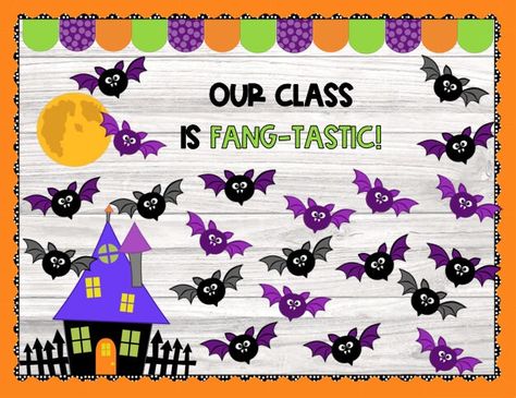 This adorable Bat Themed Halloween bulletin board is a must for the Halloween season! This Halloween bulletin board is so cute and requires very little work. It comes with 3 cute bat designs, full moon, haunted house, 2 sayings (solid and outlined for each), 3 different buntings, and border. This bulletin board is so simple to put together and will save you so much time! With a super cute design, your students and parents will all love this board! Easy to Assemble Super cute! 3 cute bat designs Bat Themed Bulletin Boards, Oct Bulletin Board Ideas, October School Bulletin Board Ideas, Vampire Bulletin Board, Witch Bulletin Board Ideas, Prek Halloween Bulletin Boards, 2nd Grade Fall Bulletin Board Ideas, Bat Bulletin Board Ideas, Bat Classroom Door