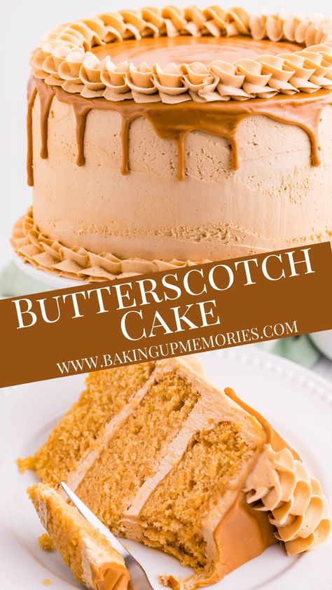 This Easy Butterscotch Cake is a super decadent cake topped with the most amazing butterscotch buttercream flavored with melted butterscotch chips! Did I mention the butterscotch drip?! #easycakerecipes #easyrecipes #butterscotchcakerecipe #cakerecipes #layercakerecipes #layercakes #baking #butterscotchcakedesign #bakingrecipes Butterscotch Banana Cake, Butterscotch Layer Cake, Salted Caramel Butterscotch Cake, Easy Butterscotch Cake, Butterscotch Birthday Cake, Caramel Butterscotch Cake, Pumpkin Butterscotch Cake, Butterscotch Buttercream Frosting, Butterscotch Dessert Recipes