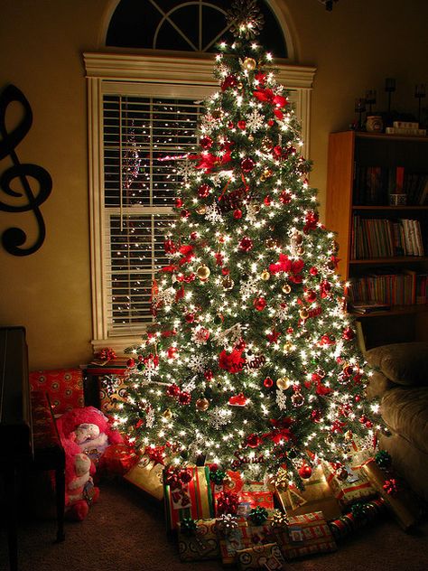 Christmas tree with red decorations and white lights - Beautiful combination Elegant Christmas Trees, White Lights, Beautiful Christmas Trees, Christmas Tree Themes, Noel Christmas, Elegant Christmas, Christmas Love, Christmas Deco, Christmas Joy