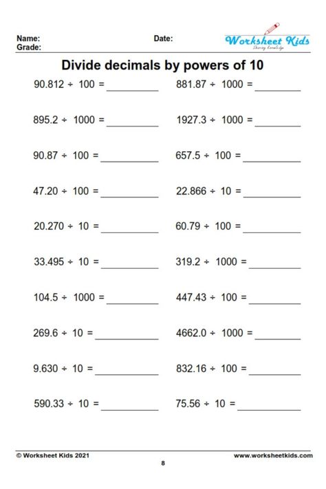 Dividing Decimals By Powers Of 10, Division Decimals Worksheet, Division Of Decimals Worksheets, Decimal Division Worksheet, Multiplying And Dividing By Powers Of 10, Multiplying Decimals By 10 100 1000, Multiplying And Dividing Decimals By 10 100 1000, Decimal Worksheets For 4th Grade, Decimal Worksheets 5th Grades