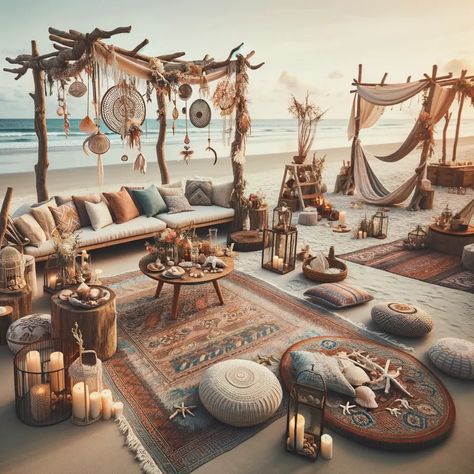 Ever After Essentials - A Bohemian Beach Bash wedding scene set on a beautiful beach. The wedding setting includes bohemian-style decor like driftwood, seashells, and bohemian rugs, Boho Wedding Set Up, Wedding Styles Themes Elegant, Bohemian Party Theme, Unique Wedding Themes, Beach Picnic Party, Yurt Interior, Bohemian Wedding Decor, Bohemian Style Interior Design, Wedding Stand