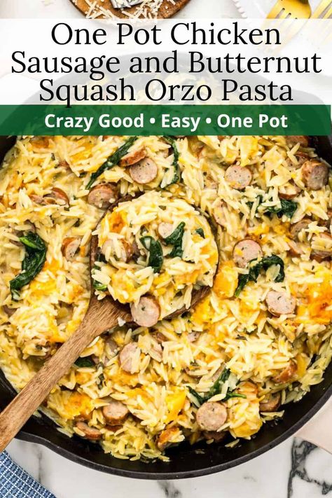 Got 20 minutes? You can whip up this One Pot Chicken Sausage and Butternut Squash Orzo Pasta Recipe! It's super easy, packed with veggies, and comes together in just one pot—less mess, more flavor. The mix of butternut squash, sage, and savory chicken sausage is the perfect combo for a hearty meal, especially on those busy nights when you need something quick and tasty. Chicken Sausage And Butternut Squash, Butternut Squash Chicken Sausage, Butternut Chicken Recipe, Orzo Chicken Sausage, Sausage And Butternut Squash, Butternut Squash Orzo, Orzo Pasta Recipe, Squash Orzo, Protein Dinners