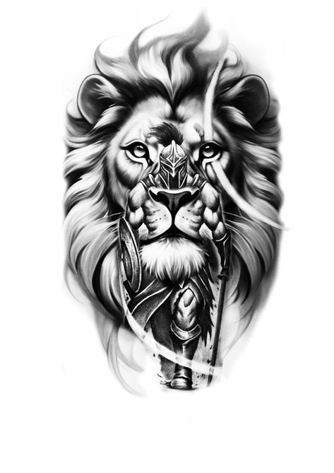 Lion With Warrior Tattoo Design, Spartan Lion Tattoo Design, Roman Warrior Tattoo Design, Lion And Spartan Tattoo Design, Lion And Warrior Tattoo Design, Willpower Tattoo, Warrior Lion Tattoo, Worrier Tattoo Design, Realistic Lion Tattoo Design