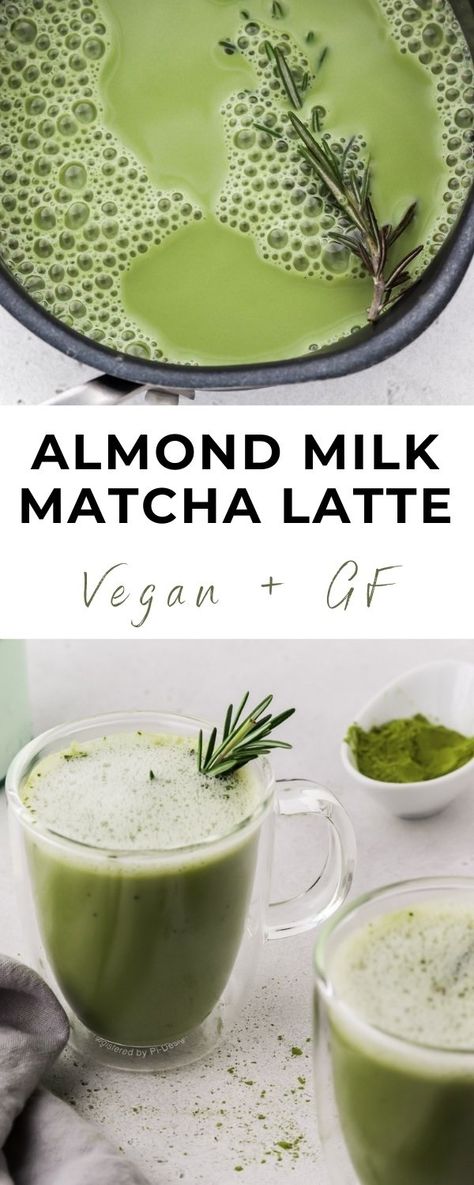 Creamy, smooth Almond Milk Matcha Latte with a sprig of rosemary is vegan and full of matcha flavor! Make this latte at home with or without a milk steamer! Serve hot as a latte or cold over ice for a delicious beverage! #almondmilklatte #almondmilkmatchalatte #matcha #almondmilk #veganlatte #rosemary Matcha Almond Milk, Matcha Overnight Oats, Alternative To Coffee, Matcha Almond, Milk Steamer, Vegan Latte, Almond Milk Latte, Dairy Free Recipes Easy, Latte At Home