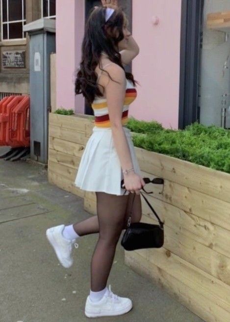 White Skirt And Stockings Outfit, White Skirt With Stockings Outfit, White Skirt Black Tights, Tights And Skirt Outfit, White Stockings Outfit, Stockings Outfit, Socks And Heels, Black Pantyhose, White Socks