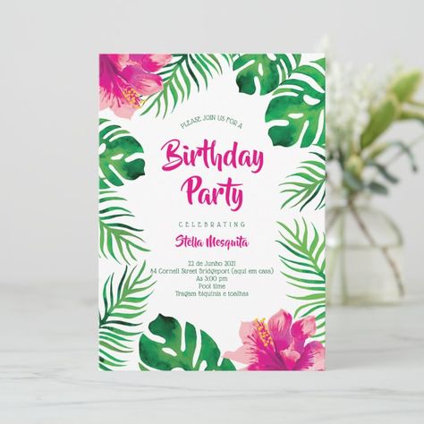 Pink Hibiscus Tropical Leaves Birthday Party Invitation | Zazzle.com Tropical Birthday Invitations, Luau Birthday Invitations, Birthday Luau, Luau Invitations, Tropical Birthday Party, Tropical Invitations, 70th Birthday Invitations, Birthday Invitations Diy, Summer Party Invitations