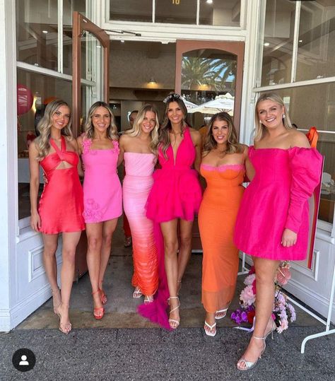 Bridal Shower Orange And Pink, Pink And Orange Bachelorette Outfits, Tequila Sunrise Outfit, Orange And Pink Wedding Theme, Pink And Orange Bachelorette Party, Diner Outfits, Bachelorette Outfit Themes, Clean Outfits, Bachelorette Brunch