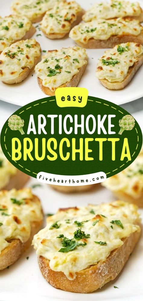 Get some baguette slices ready for this easy Arichoke Bruschetta! Broiled with a creamy artichoke spread, it's a fancy Easter party food everyone will enjoy. You can even make this Easter appetizer recipe as a warm, cheesy artichoke dip! Cocktail Food Appetizers, Best Finger Foods For Parties, Finger Foods For Parties, Foods For Parties, Artichoke Bruschetta, Best Finger Foods, Hot Artichoke Dip, Fancy Appetizers, Hot Appetizers