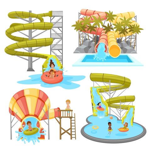 Water Theme Park, Sport Vector, Water Tube, Cute Dragons, Seamless Pattern Vector, Icon Set Vector, Flat Style, Water Slides, Beach Art