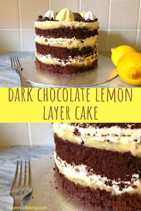 Layers of moist dark chocolate cake, lemon curd, chocolate crumbs and marshmallow frosting! Lemon Chocolate Cake Recipe, Chocolate And Lemon Cake, Lemon Cake Chocolate Frosting, Lemon Cake With Chocolate Frosting, Lemon Chocolate Desserts, Lemon Chocolate Cake, Chocolate Lemon Cake, Moist Dark Chocolate Cake, Cake Marshmallow