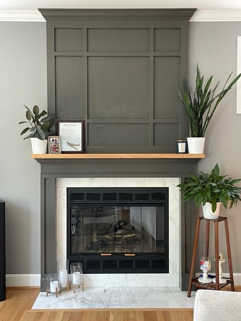 Mantle Same Color As Wall, Sitting Room Electric Fireplace, Living Room Accent Fireplace Wall, Chair Rail Fireplace Wall, Paneling Over Fireplace, Judges Paneling Fireplace, Black Board And Batten Fireplace Wall, Trending Fireplaces 2023, Fireplace Makeover 2023