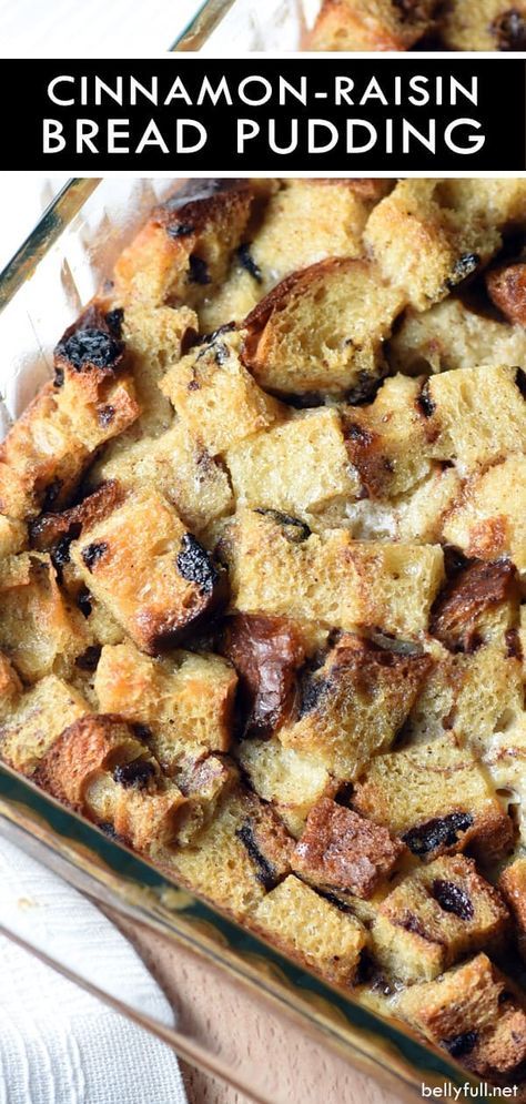 This simple Cinnamon-Raisin Bread Pudding is a cross between breakfast and dessert, and basically the best use of cinnamon-raisin bread ever. Super easy to make with just a few ingredients! #breadpudding #breadpuddingrecipe #easybreadpudding #raisin #cinnamon #breakfast #casserole Cinnamon Rasin Bread, Cinnamon Bread Pudding Recipe, Cinnamon Raisin Bread Pudding, Classic Bread Pudding, Cinnamon Bread Pudding, Raisin Bread Pudding, Cinnamon Raisin Bagel, Puding Roti, Bagel Bread