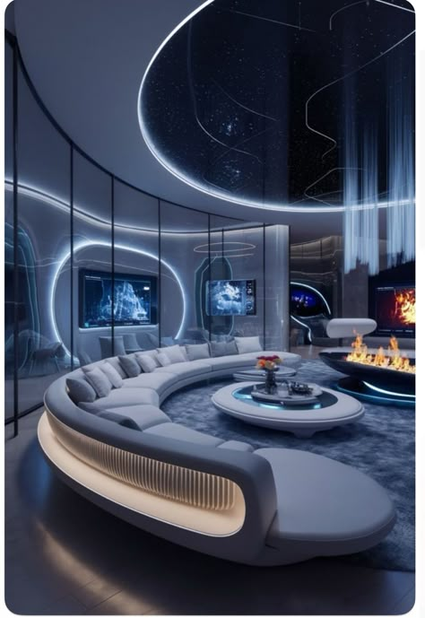 Futuristic Home Design Interiors, Futuristic Mansion Interior, Futuristic Fireplace, Futuristic Interior Design Living Rooms, Modern Futuristic House Interior, Ultra Modern Living Room, Futuristic Dining Room, Living Room Futuristic, Modern Futuristic Interior