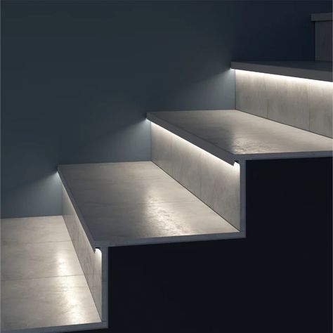 Led Strip Stairs, Outdoor Restaurant Lighting, Illuminated Stairs, Tile Stair Nosing, Stair Lights Indoor Concrete, Concrete Stairs With Lights, Stairs Tiles Design Granite, White Living Room Decor, Marble Stairs