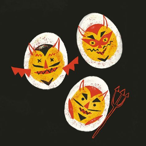 lil devils… deviled eggs that is! A spooky Halloween snack 🥚 #halloweenillustration #deviledeggs #vintagehalloween #retrohalloween… | Instagram Spider Devilled Eggs, Deviled Egg Costume, Thrift Spooky Painting, Painted Deviled Egg Plate, Ceramic Deviled Egg Plate, Egg Costume, Vintage Deviled Egg Plate, Plates Diy, Halloween Illustration