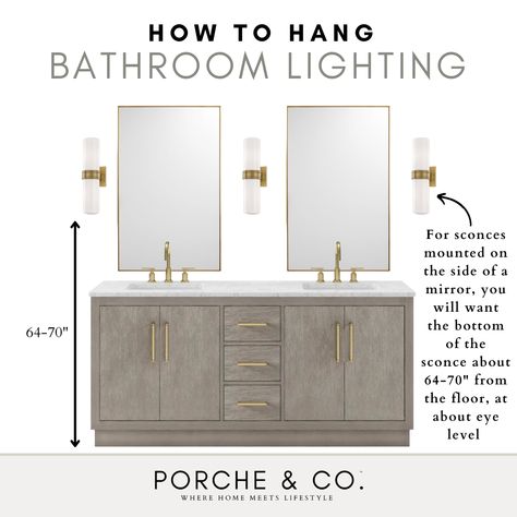 Master Bath With Sconces, Bathroom Light Fixtures Between Mirrors, Master Bath Vanity Wall Light Fixtures, Master Bath Wall Sconces, Sconces In Master Bath, Transitional Bathroom Lighting, Height Of Vanity Lights, Pendant Lights In Bathroom Vanity, Pendant Lighting Over Bathroom Vanity