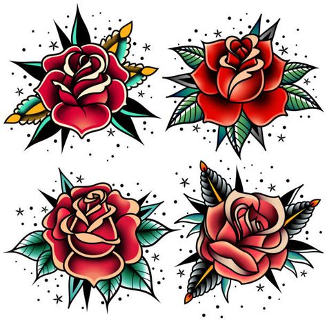 3,100+ Traditional Rose Tattoo Stock Photos, Pictures & Royalty-Free Images - iStock Old School Tattoo Rose, Rosen Tattoo Mann, American Traditional Rose, Old School Rose, Traditional Tattoo Flowers, Traditional Rose, Tattoos Rose, Art Flash, Tattoos Temporary