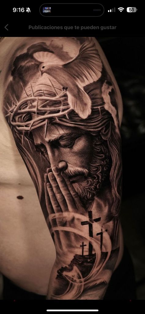 Religious Sleeve Tattoo Men, Jesus Leg Tattoo Men, Catholic Sleeve Tattoo Men, Virgin Mary With Rosary Tattoo, God Sleeve Tattoos For Men, Religous Tattoo Arm Sleeve, Religious Leg Sleeve Tattoo, Qtr Sleeve Tattoo, God Tattoos Men