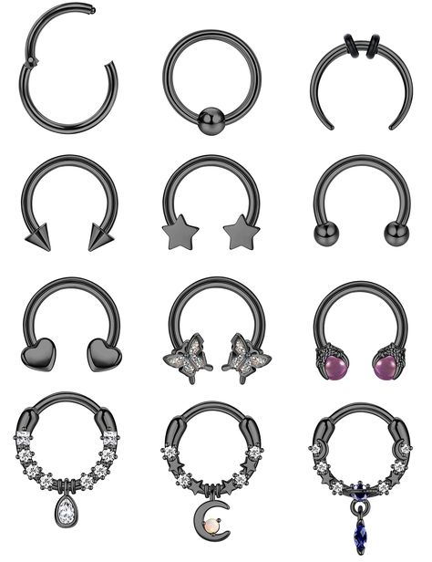 PRICES MAY VARY. Septum Jewelry Set: You will receive 12pcs septum rings in different styles, including horseshoe septum ring, star septum ring, moon dangle septum ring, heart septum ring; We offer you 3 colors for you to choose, silver, gold and black Septum Rings Size: The bar thickness is 1.2mm (16g), the inner diameter is 10mm, suitable for most septum pierce sizes, giving you a great wearing experience Hypoallergenic Material: These 16 gauge septum rings are made of high quality surgical st Septum Jewelry Horseshoe, Star Septum, Heart Septum, Black Septum, Hoop Septum Piercing, Cute Septum Rings, Horseshoe Septum, Gauge Septum, Piercings Septum