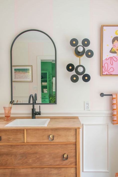 How to take a second hand thrifted old dresser and turn it into a upcycled bathroom vanity! #diyvanity #furnitureflip #bathroommakeover Dresser To Vanity, Upcycled Bathroom Vanity, Dresser Vanity Bathroom, Charlotte Smith, Dresser Cabinet, Vanity With Sink, Eclectic Bathroom, Dresser Vanity, Sazerac