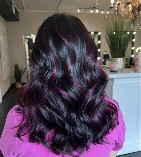 Dark Hair With Violet Highlights, Black Hair With Violet Highlights, Dark Purple Hair With Blonde Highlights, Black Hair With Lowlights Balayage, Blackberry Highlights, Plum Highlights On Dark Hair, Dark Hair Purple Highlights, Dark Hair With Purple Highlights, Dark Brown Hair With Purple Highlights