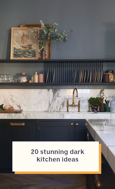 Whether it's a black, navy blue, charcoal grey or forest green kitchen, darker kitchen colours will help to create a sleek and stylish space that the whole family will love. From paint to flooring, kitchen larders and even cabinets, get some inspiration from these dark kitchen design ideas to inspire your decorating choices today. There is something here for everyone to fall in love with.  We love this gold sink, navy walls and marble splashback #kitchens #darkkitchen #home  Image: Farrow & Ball Morden Kitchen, Dark Kitchen Ideas, Dark Green Kitchen, Dark Kitchen, Dark Kitchen Cabinets, Dark Cabinets, Kitchen Color, Grey Kitchen, Painting Kitchen Cabinets