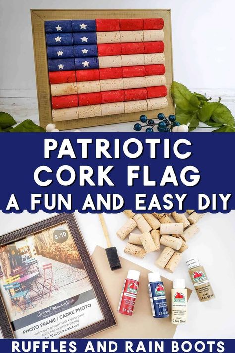 Patriotic Cork Flag | Make an easy wine cork flag using paint, corks, and a frame. Change up the paints and base to change up to fit your style: Perfect for the 4th of July or an Americana decor. | Click the pin to see more wine cork crafts from RufflesAndRainBoots.com! Resident Activities, American Flag Wall Hanging, American Flag Diy, Americana Farmhouse, Flag Wall Hanging, Wine Cork Projects, Blue Party Decorations, Flag Diy, Wine Cork Diy