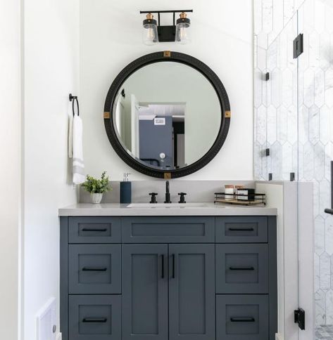 Waterside Retreats | 2023 | HGTV Gray Black Bathroom, Dark Gray Vanity, Contemporary Coastal Bathroom, Bathroom Rich, White Coastal Bedroom, Coastal Family Rooms, Blue Bathroom Vanity, Record Room, Coastal Bathroom