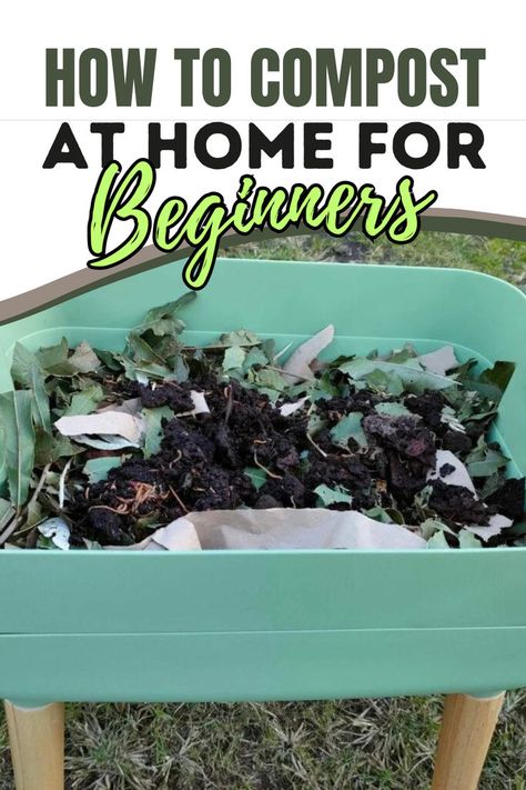 A small green compost bin with soil, dried leaves, and paper scraps inside, placed on wooden legs outdoors, set against a patchy grass background. Composting For Beginners, Apartment Composting, How To Start Composting, Start Composting, Composting 101, How To Compost, Urban Backyard, Composting At Home, Worm Composting