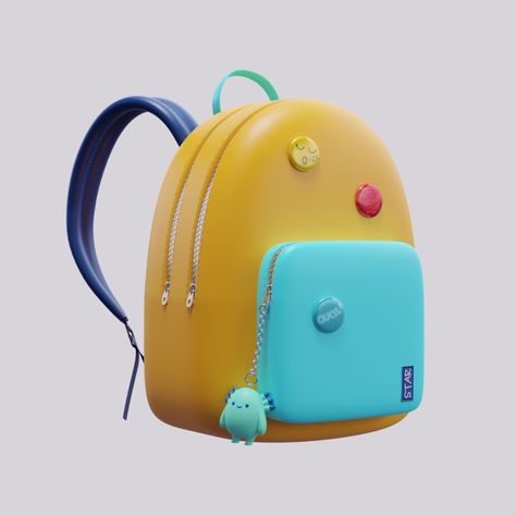 "3D Cartoon Backpack" by Ksenia Starkova Items Reference, Backpack Illustration, Fashion Logo Design Inspiration, Jiang Chen, 3d Room, Simple Character, Cartoon Backpack, Bag Cartoon, 3d Icons