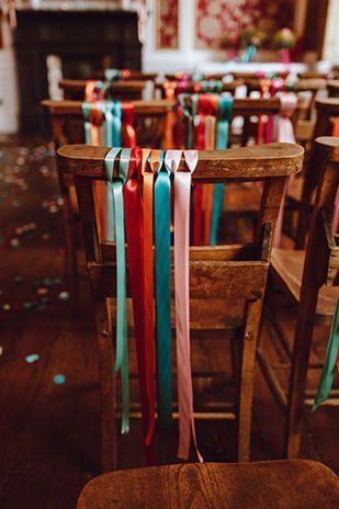 Ribbons At Wedding, Diy Chair Decor, Ribbon On Chairs Wedding, Chair Ribbons Wedding, Colourful Wedding Decorations, Chair Decorations Wedding, Colorful Vintage Wedding, Etsy Wedding Decor, Streamers Wedding