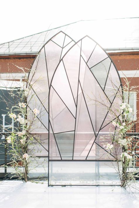 Glass window wedding backdrop Monochrome Weddings, February Wedding, Wedding Ceremony Arch, Wedding Backdrop Design, Church Stage Design, Church Stage, Wedding Altars, Wedding Stage Decorations, Ceremony Inspiration