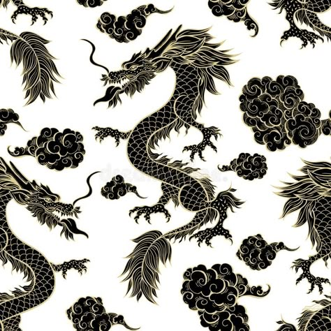 Oriental black dragon flying in clouds seamless pattern. Traditional Chinese mythological animal stock illustration Black Dragon Chinese, Dragon Flying Up Tattoo, Traditional Chinese Dragon Art, Chinese Patterns Traditional, Dragon Pattern Design, Chinese Dragon Illustration, Chinese Pattern Design, Chinese Dragon Pattern, Black Dragon Tattoo