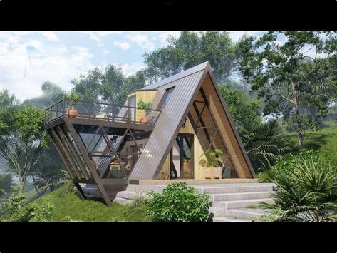 Small Rest House Design, Moden House, Small House Design Ideas, Modern A Frame Cabin, Tiny Home Plans, Pyramid House, Modern A Frame, A Frame Cabin Plans, Modern Wooden House