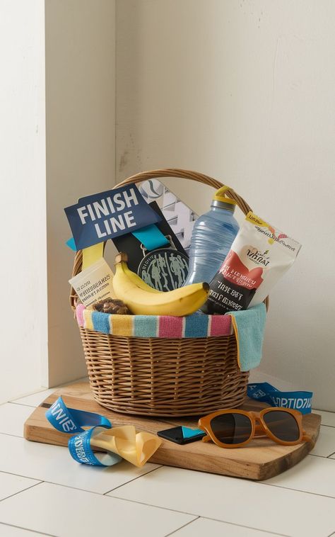 A collection of marathon gift baskets filled with hydration products, snacks, and recovery tools. Marathon Gift Basket, Runners Gift Basket, Care Package Ideas, Marathon Gift, Package Ideas, Basket Gift, Gifts For Runners, Gift Basket Ideas, Basket Ideas