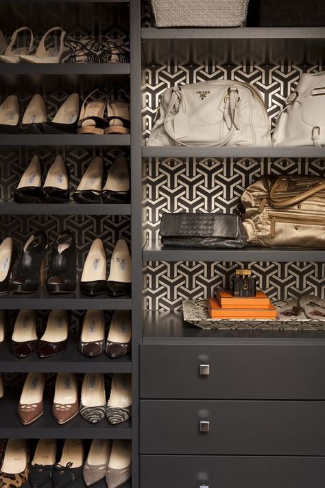 obsessed with wallpaper backing Closet Wallpaper, Closet Interior, Organizar Closet, Grey Shelves, Organized Closet, California Closets, Ideas Para Organizar, Dream Closets, غرفة ملابس