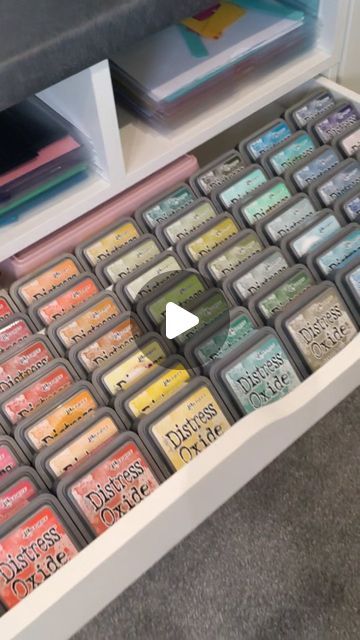 lesley oman on Instagram: "How to store #disressinks in an IKEA Alex drawers unit. This is how I do it. I love that it looks so pretty, and I can access all the inks easily. 😍 I purposefully put this unit right behind my craft desk so that these guys were within easy reach! What's your thoughts?  #craftroomadventures #craftstorage #craftroomorganization #heffydoodle #inkblending #craftroom #craftstorageideas" Alex Drawer Craft Room, Ikea Craft Room Desks, Ikea Craft Desk Hack, Ikea Alex Drawers Craft Room, Distress Ink Storage Ideas, Craft Room Ikea Hacks, Ikea Scrapbook Room Ideas, Scrapbooking Room Ideas, How To Organize Craft Supplies