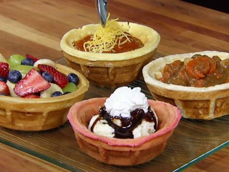 Dash Mini Waffle Bowl Maker Recipes, Waffle Bowl Recipes, Waffle Bowl Desserts, Waffle Bowl Recipe, Waffle Bowl Maker, Brownie Bowls, Mini Pie Maker, Waffle Bowl, Waffle Maker Recipes